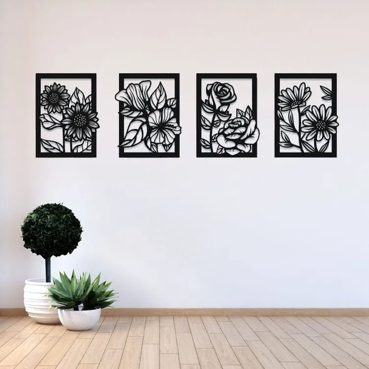 4 Panel Flower Wooden Wall Decor Set - Image 2