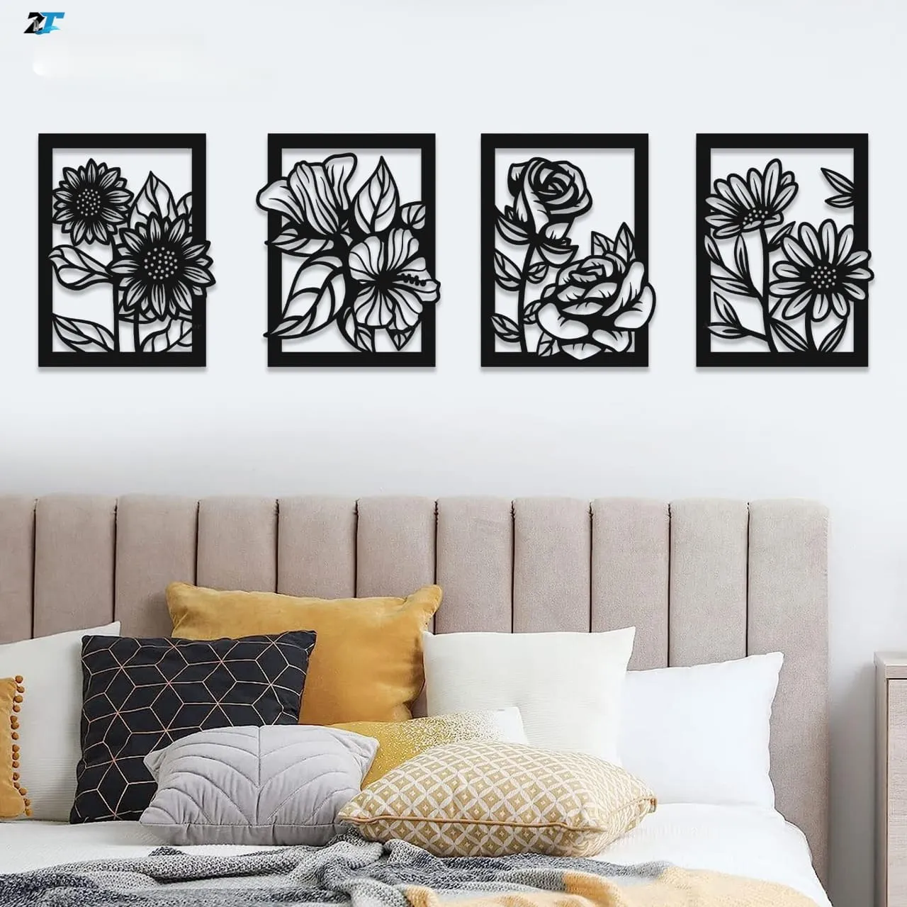 4 Panel Flower Wooden Wall Decor Set