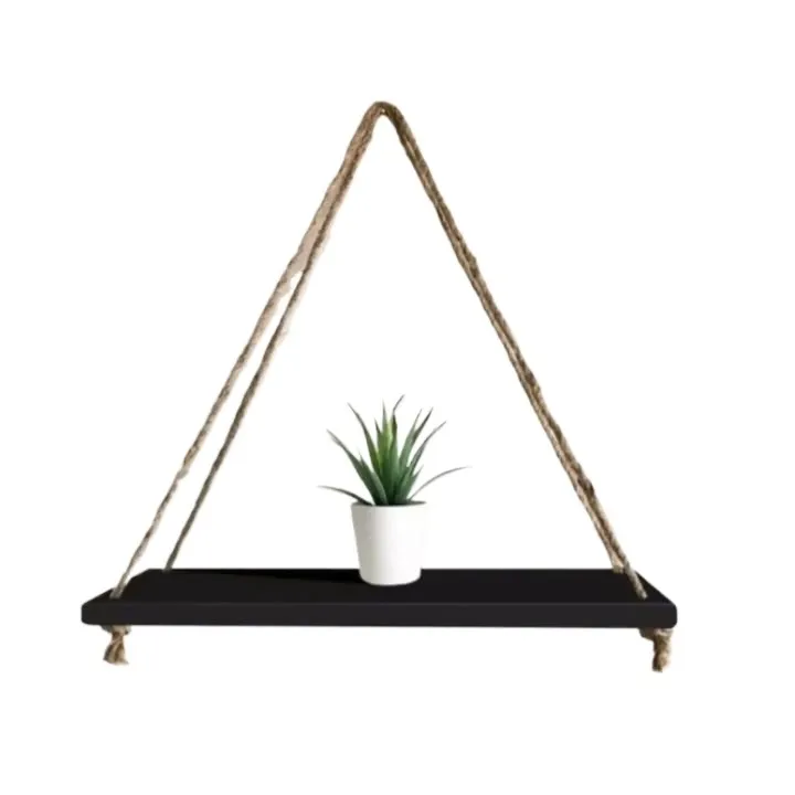 Rope Hanging Floating Wooden Shelf – Wall Storage & Display (Black / White) - Image 3