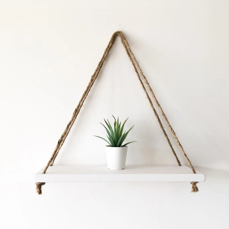 Rope Hanging Floating Wooden Shelf – Wall Storage & Display (Black / White) - Image 2