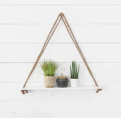 Rope Hanging Floating Wooden Shelf – Wall Storage & Display (Black / White)